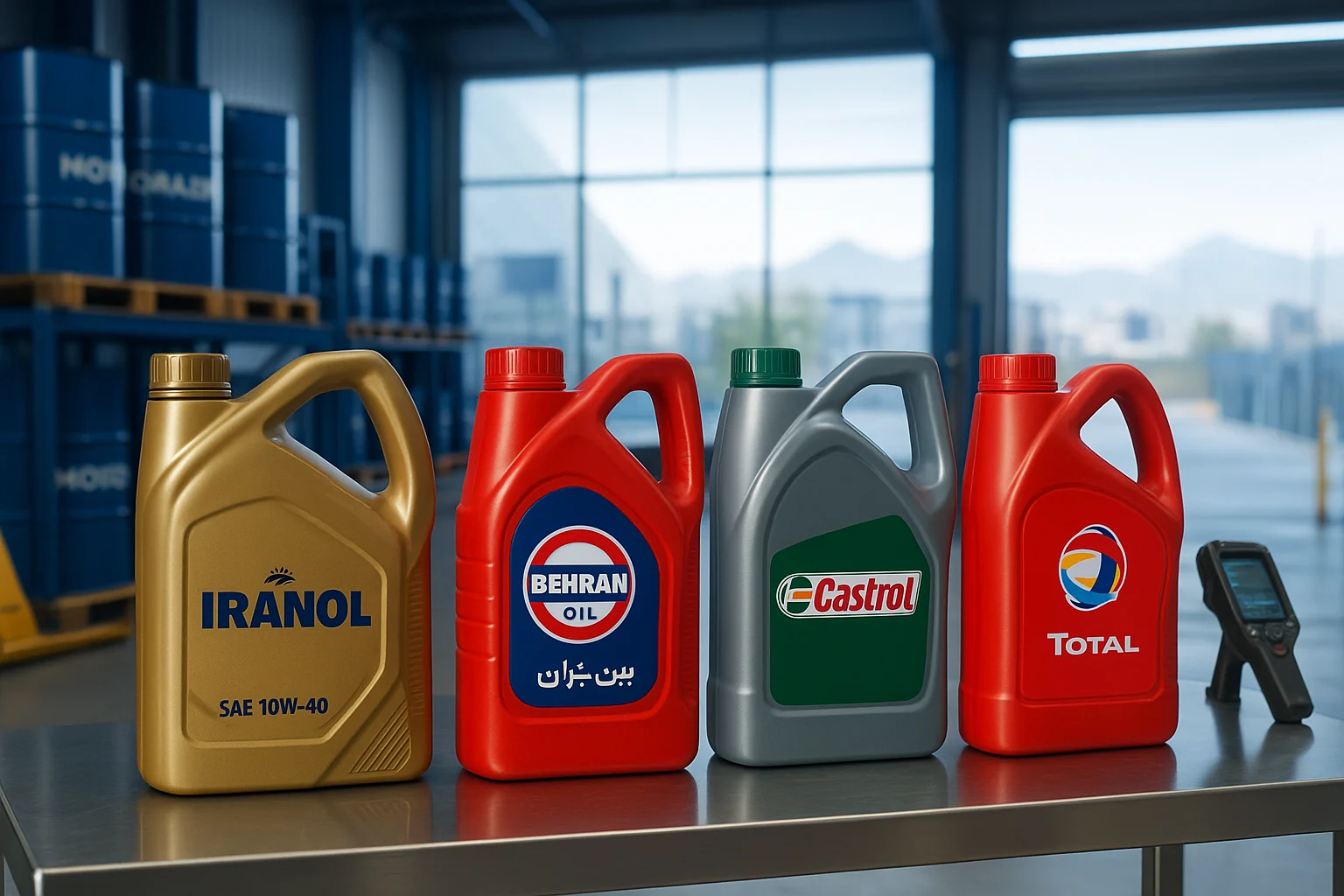 روغن موتور در مشهد – قوطی‌های برندهای ایرانول، بهران، کاسترو و توتال در انبار توزیع؛ تنوع انتخاب برای خودروهای بنزینی و دیزلی.