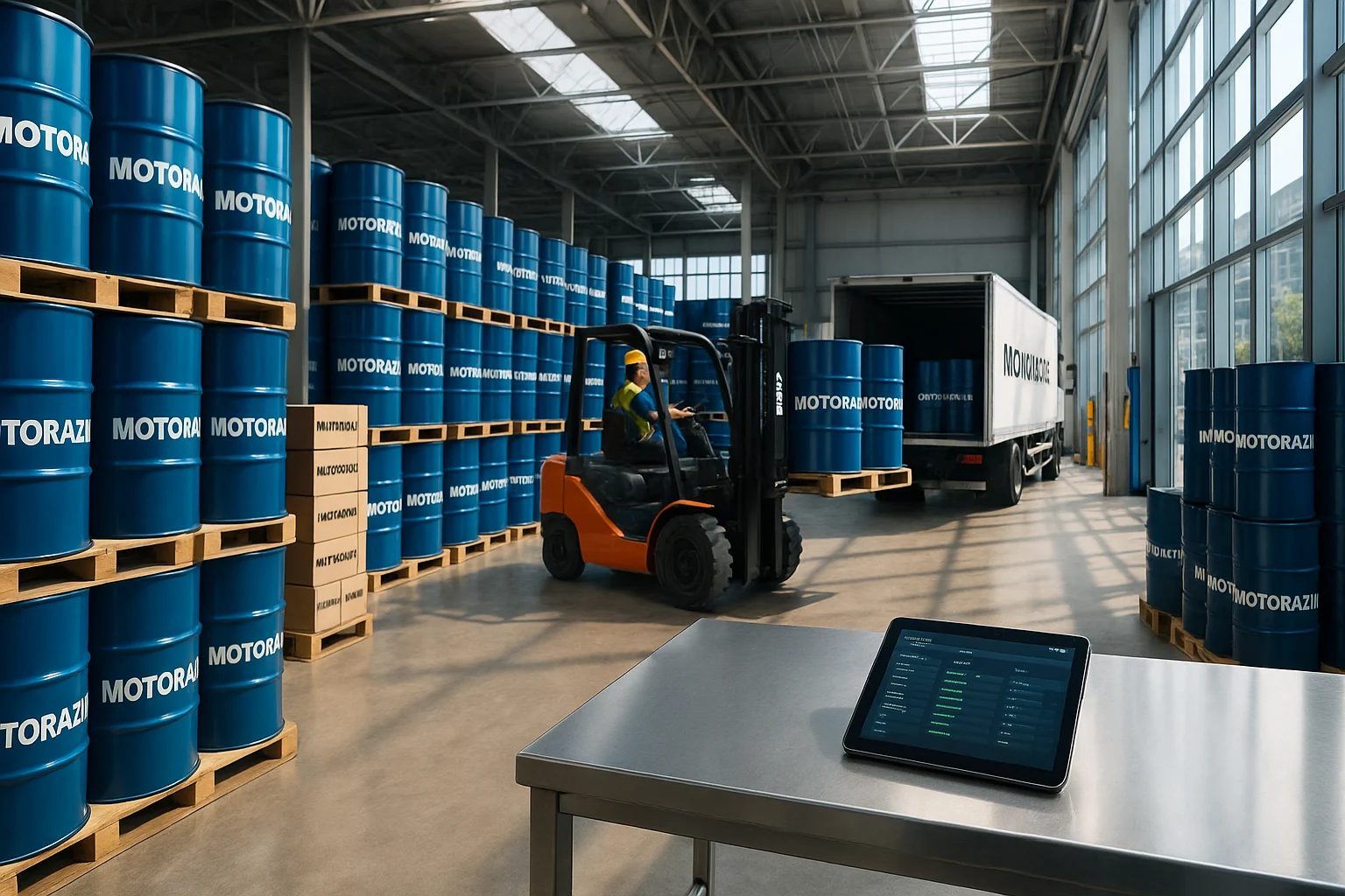 روغن موتور در مشهد – انبار مرکزی موتورازین با لیفتراک در حال بارگیری بشکه‌های آبی برای پخش عمده و ارسال سریع به اتوسرویس‌ها.