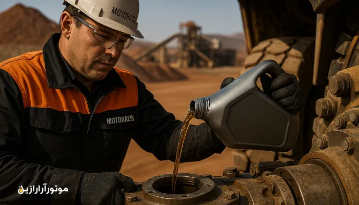 مکانیک با لباس ایمنی برند موتورازین در حال ریختن روغن دنده صنعتی طلایی در گیربکس دامپ‌تراک معدن مس کرمان