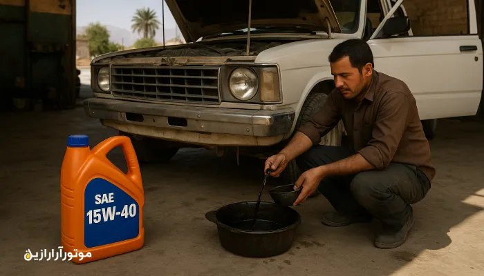 مکانیک محلی در جیرفت در حال تعویض روغن موتور یک وانت سفید با کاپوت باز است. بطری روغن موتور SAE 15W-40 در کنار خودرو روی زمین قرار دارد و فضای تعمیرگاه سنتی و نخلهای بیرون نشاندهنده حالوهوای بومی منطقه است.