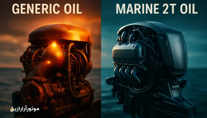 مقایسه بصری دو موتور قایق؛ یکی آسیب‌دیده با روغن معمولی و دیگری سالم با روغن‌دو زمانه دریایی
