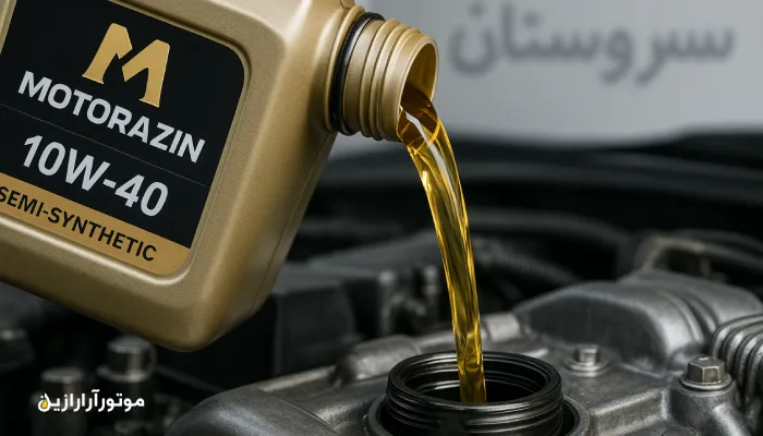 نمای نزدیک از ریختن روغن موتور در سروستان؛ روغن نیمهسنتتیک 10W-40 با برند موتورآرارازین