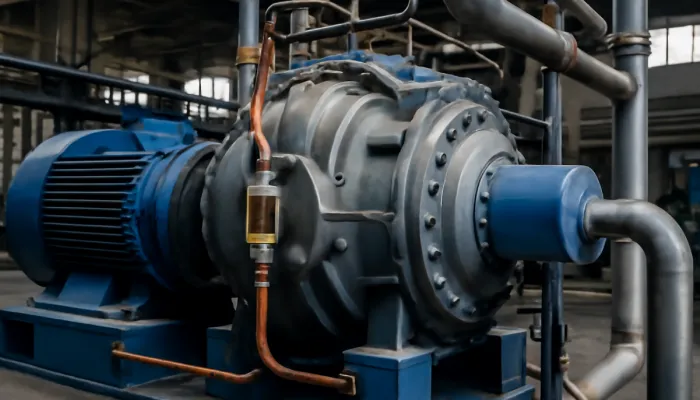 پمپ و موتور گیربکسی بزرگ صنعتی در کارخانه با لوله‌کشی فلزی – نیازمند روانکاری و روغن صنعتی – موتورآرا رازین