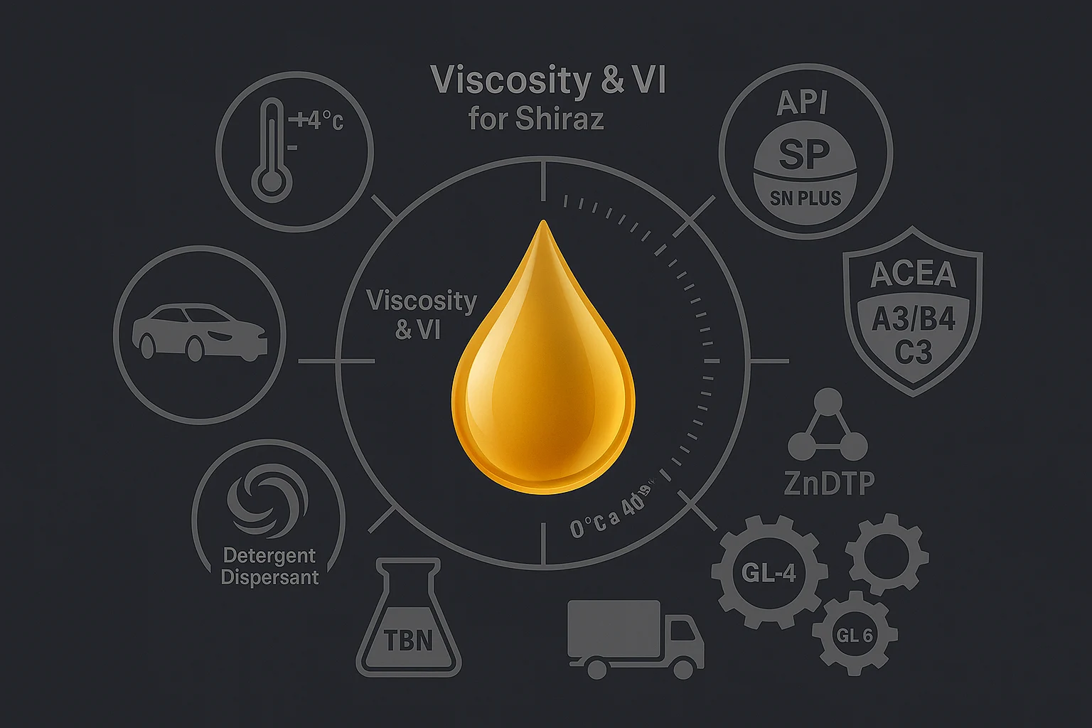 اینفوگرافیک ویسکوزیته و شاخص گرانروی؛ انتخاب علمی روغن موتور در شیراز مطابق API SP و ACEA متناسب با اقلیم شهر.