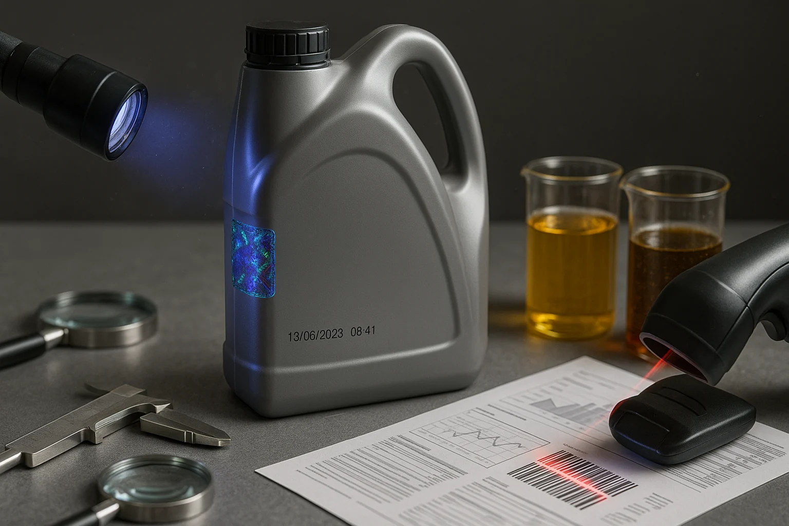 اصالت‌سنجی روغن موتور در شیراز؛ قوطی با هولوگرام UV، اسکنر بارکد و نمونه‌های آزمایشگاهی برای تشخیص تقلبی.