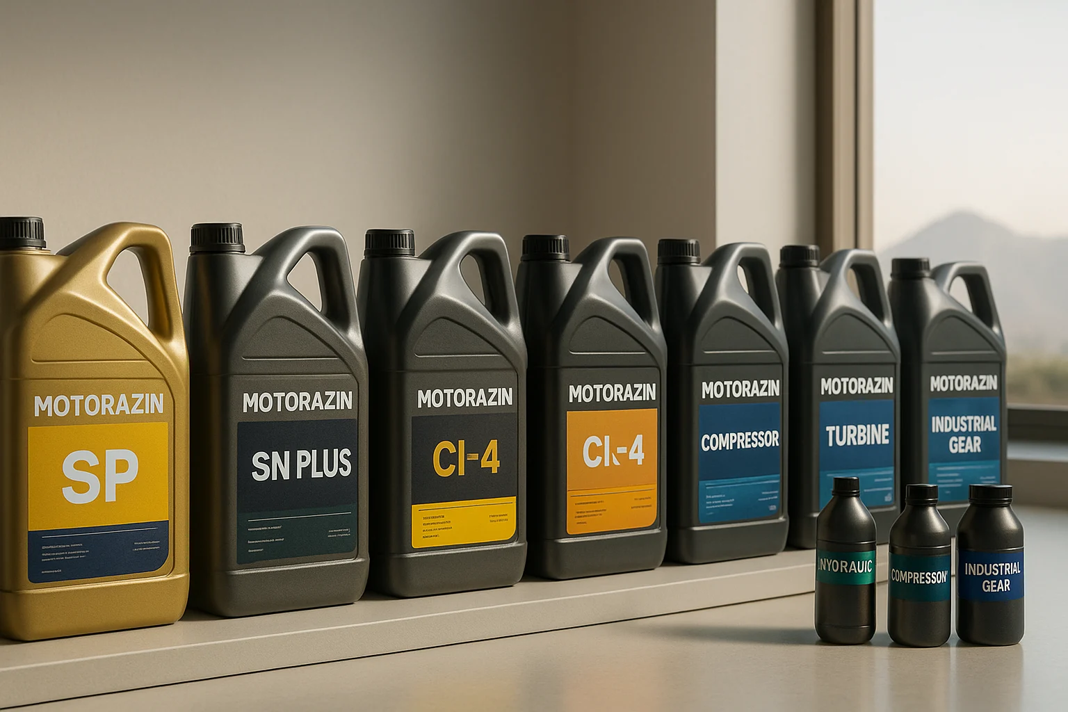 تنوع کامل روغن موتور در شیراز؛ ردیف ظرف‌های موتورازین با استانداردهای SP، SN Plus، CI-4، CK-4 و روغن‌های صنعتی.