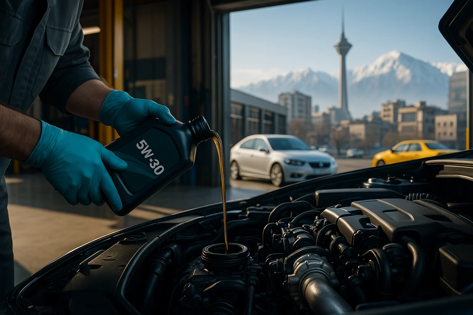 روغن موتور در تهران؛ افزودن روغن 5W-30 به موتور خودرو در تعمیرگاه با منظره برج میلاد؛ مناسب ترافیک و آب‌وهوای تهران و استارت سرد.