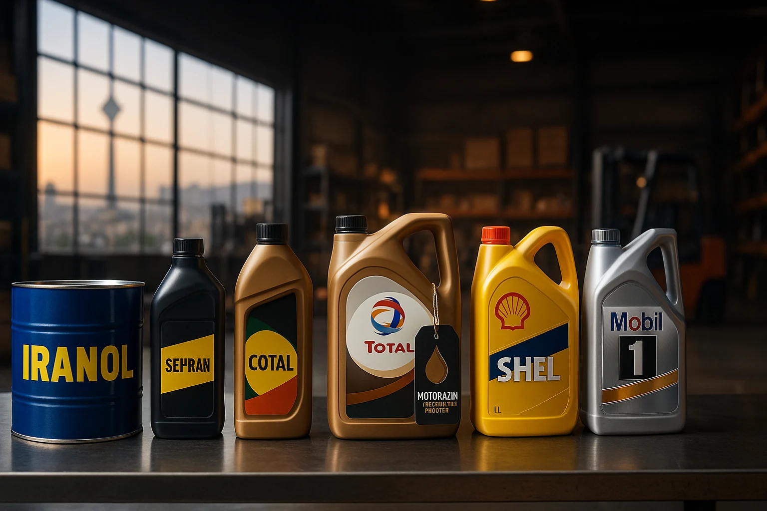 روغن موتور در تهران؛ ردیف برندهای شناخته‌شده روی میز انبار (ایرانول، توتال، شل، موبیل و …) با تگ موتورازین؛ تامین مستقیم و همکاری عمده.