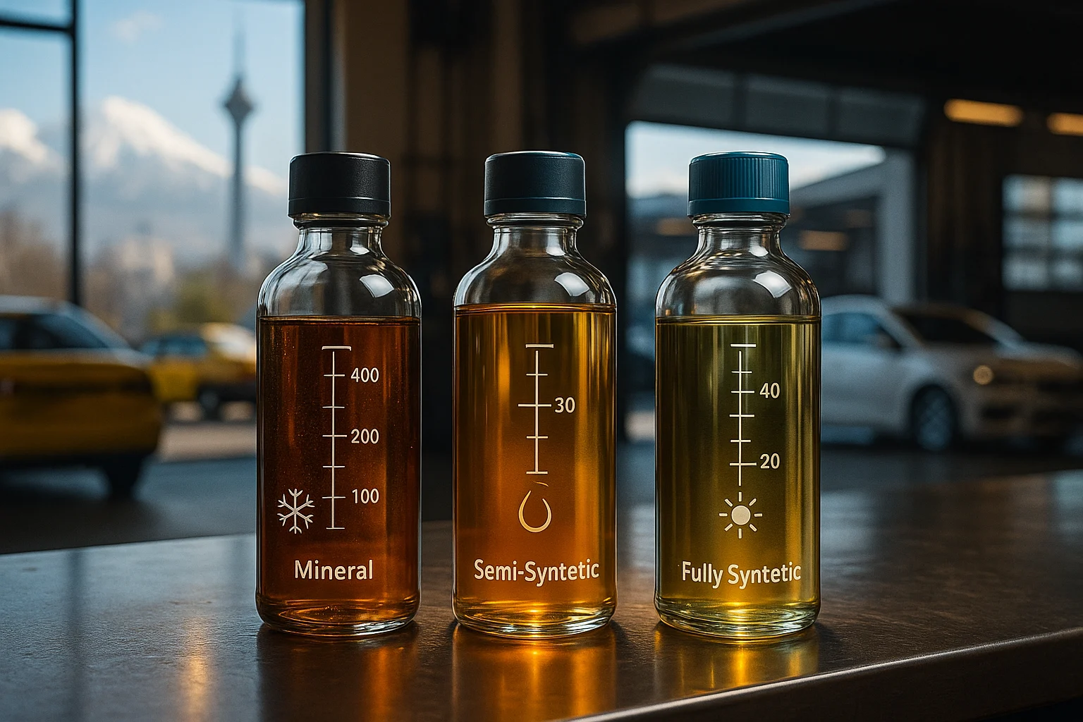 روغن موتور در تهران؛ مقایسه روغن معدنی، نیمه‌سنتتیک و تمام‌سنتتیک در ظرف‌های آزمایشگاهی داخل تعمیرگاه؛ بررسی پایداری دمایی و کیفیت.