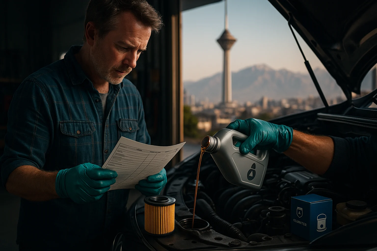 روغن موتور در تهران؛ مکانیسین با چک‌لیست انتخاب گرید و ویسکوزیته در حال افزودن روغن به موتور، نمای شهری و برج میلاد؛ راهنمای انتخاب روغن مناسب.