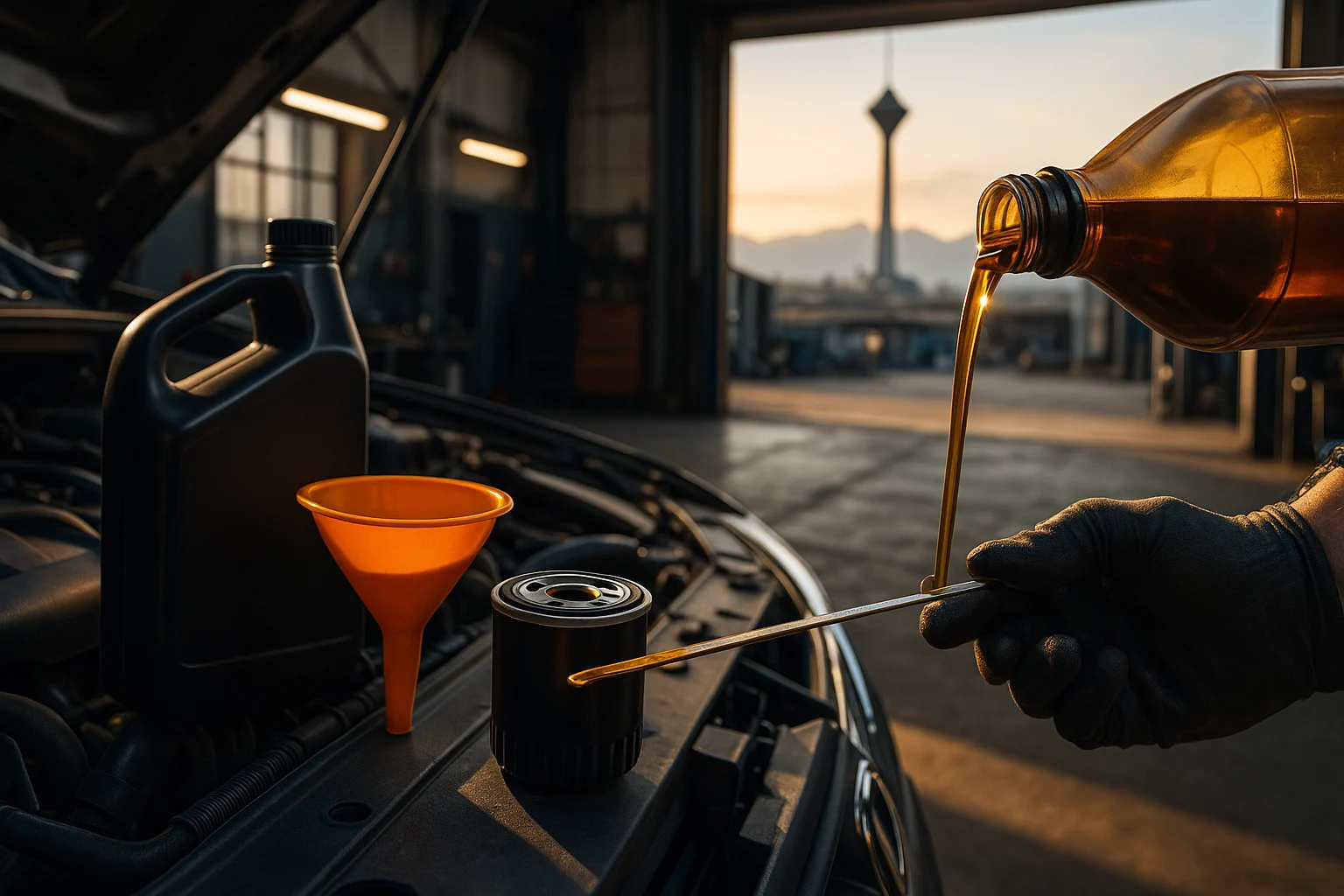 روغن موتور در تهران؛ ریختن روغن تازه روی موتور خودرو در تعمیرگاه با قیف و فیلتر نو، پس‌زمینه برج میلاد؛ سرویس دوره‌ای و تعویض روغن استاندارد.