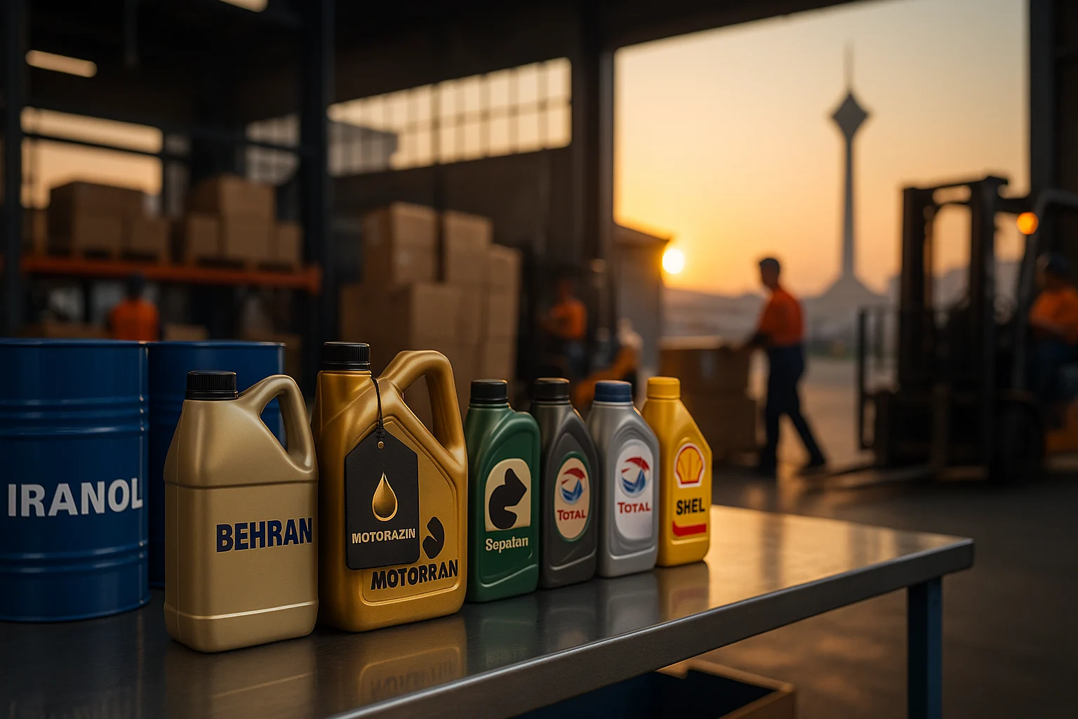 روغن موتور در تهران؛ چیدمان برندهای معتبر (ایرانول، بهران، توتال، شل، موبیل) و محصولات موتورازین روی میز انبار با پس‌زمینه برج میلاد و فورکلیف، تأمین سریع و اصالت کالا.