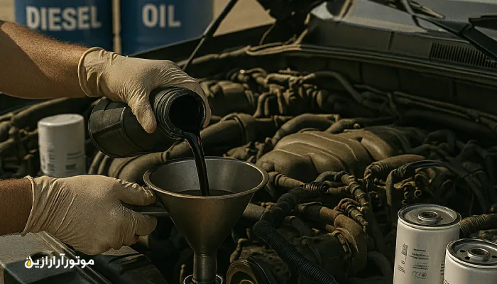 سرویس تعویض روغن میدانی خودروی دیزلی ناوگان نفت مسجدسلیمان. موتورازین