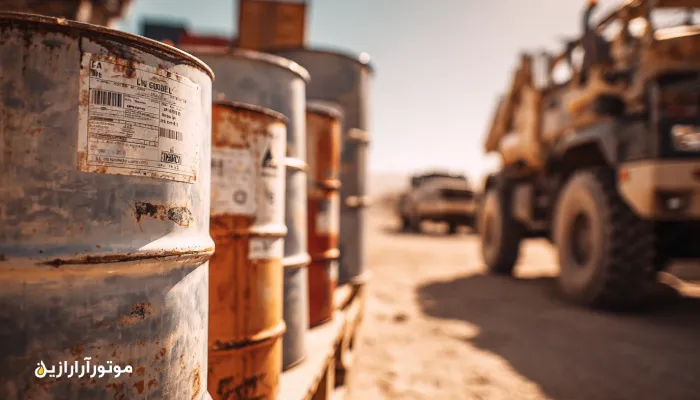 بشکه‌های روغن EP در سایت حفاری هفتکل با نور روز و گردوغبار. موتورازین