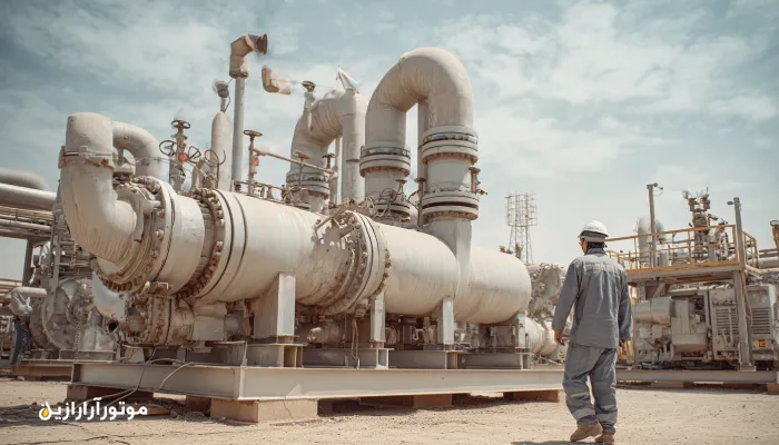 نمای نزدیک کمپرسور و واحد ژنراتور در هویزه با سیستم روغنکاری و پایش سطح روغن