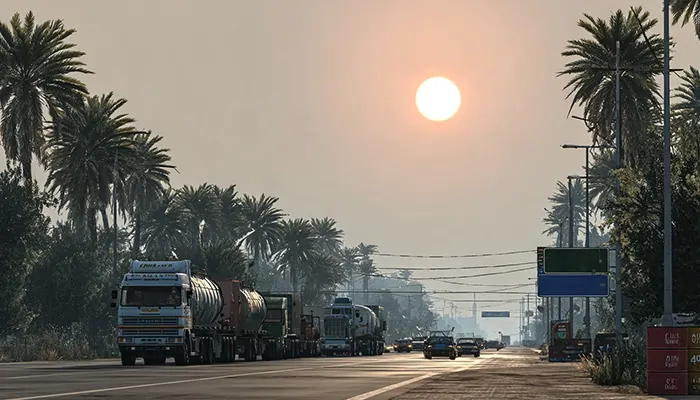 جاده‌ای در جنوب ایران با عبور کامیون‌های نفت‌کش در میان نخلستان و غروب آفتاب – حمل و نقل سوخت و روانکار