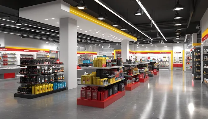 نمای داخلی فروشگاه روغن موتور و روانکار با قفسه‌های پر از بطری‌های زرد، قرمز و مشکی در محیطی مدرن