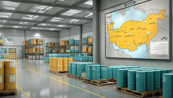 انبار بزرگ بشکه‌های روغن صنعتی آبی و زرد با نقشه پوشش توزیع سراسری ایران روی دیوار