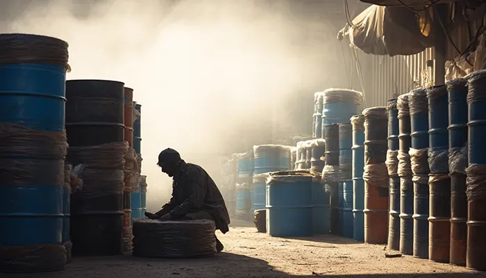 کارگر در میان ردیف بشکه‌های آبی روغن صنعتی در انبار غبارآلود در حال آماده‌سازی بسته‌بندی