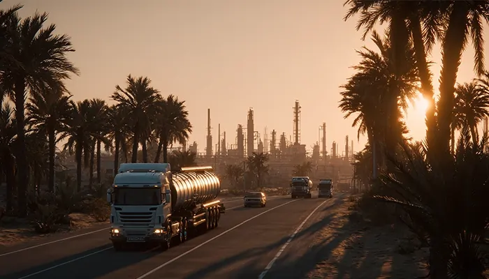 حمل و نقل روغن صنعتی با کامیون نفتکش در جاده نخلستان‌های اهواز در غروب آفتاب