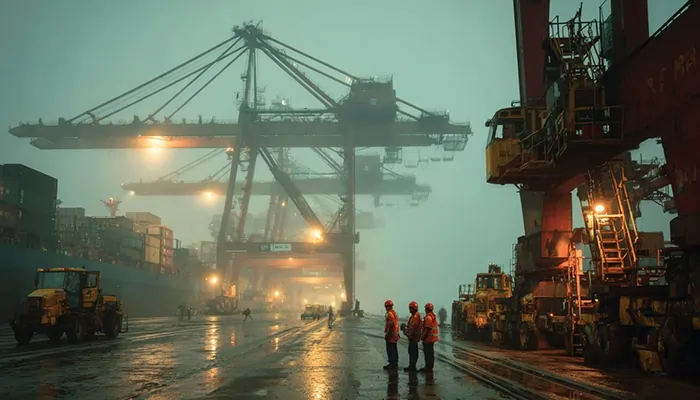 فعالیت جرثقیل‌های بزرگ بندری در اهواز با تجهیزات نیازمند روغن صنعتی برای روانکاری مستمر