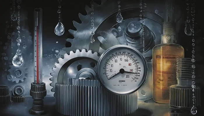 نمای هنری از چرخ‌دنده‌ها، فشارسنج و بطری روغن صنعتی برای نشان دادن نقش روانکاری در تجهیزات سنگین