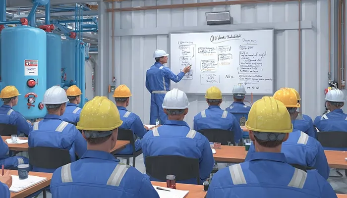 کارگران صنعتی در حال آموزش و یادگیری نحوه استفاده ایمن و صحیح از روغن صنعتی در کارخانه اهواز