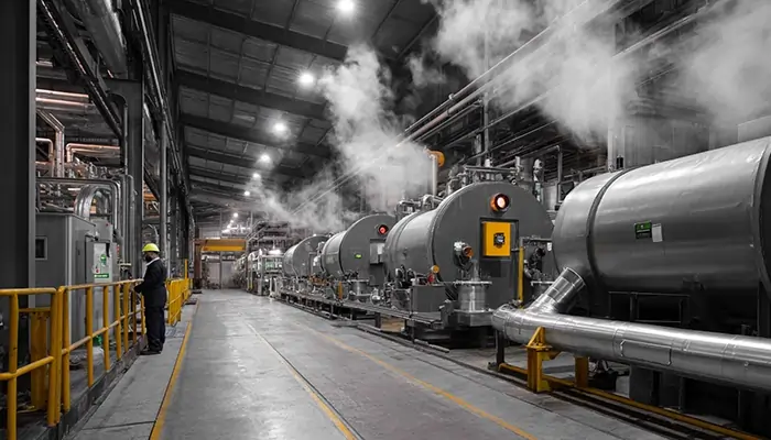 خط تولید کارخانه با بویلرهای بخار و اپراتور | روغن حرارتی صنعتی اراک