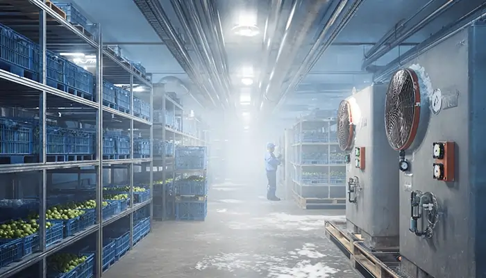 سردخانه بزرگ با فن و قفسه‌های محصولات کشاورزی | روغن سردخانه و تبرید اراک