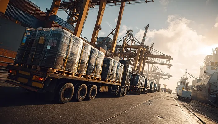 کامیون‌های باربری حامل محموله‌های بشکه روغن صنعتی در محوطه بندرعباس | روغن صنعتی در بندرعباس