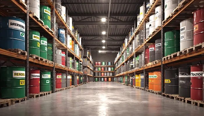 انباری بزرگ با قفسه‌های پر از بشکه‌های رنگی روغن صنعتی در بندرعباس | روغن صنعتی در بندرعباس