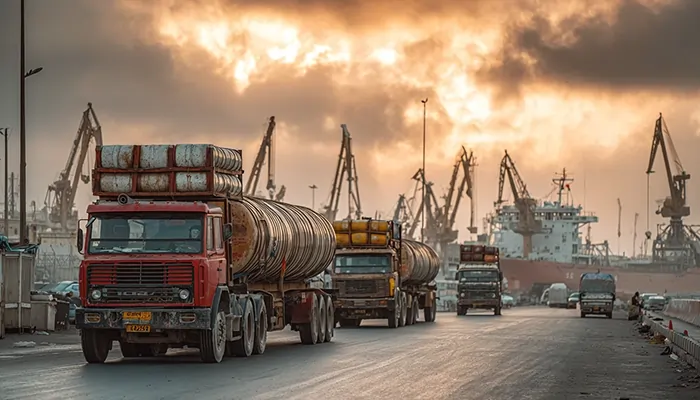 تانکرهای حمل روغن صنعتی در حال ورود و خروج از بندرعباس هنگام غروب | روغن صنعتی در بندرعباس