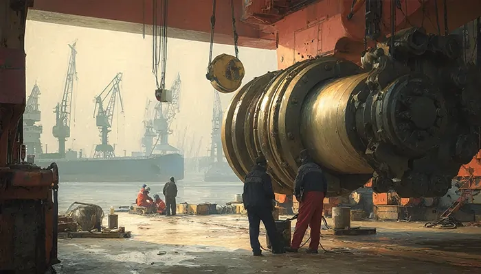 تعمیرکاران در حال کار روی تجهیزات عظیم بندری در اسکله بندرعباس | روغن صنعتی در بندرعباس