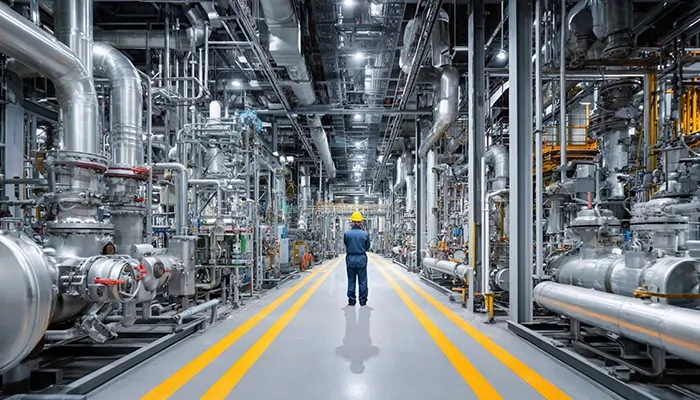 نمای داخلی یک پالایشگاه یا کارخانه پتروشیمی در بندرعباس با خطوط لوله گسترده | روغن صنعتی در بندرعباس