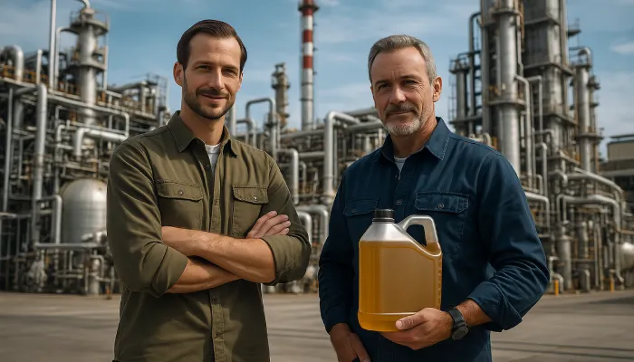 دو کارشناس در مقابل پالایشگاه مدرن در حال بررسی کیفیت روغن صنعتی؛ یکی از آن‌ها ظرف روغن تازه را در دست دارد | روغن صنعتی در بندرعباس