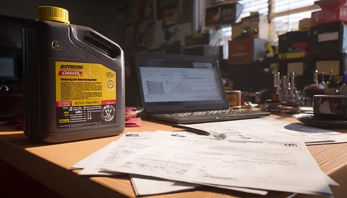 «گالن روغن موتور صنعتی روی میز کار با اسناد و لپ‌تاپ در بجنورد»