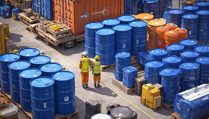 انبار بزرگ بشکه‌های روغن صنعتی در بجنورد با بسته‌بندی استاندارد و آماده ارسال به مشتریان