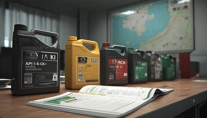 «گالن روغن موتور و روانکار صنعتی متنوع روی میز با دفترچه راهنمای فنی»