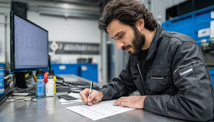 «کارشناس فنی در تعمیرگاه خودرو در حال ثبت گزارش سرویس و روغن موتور»