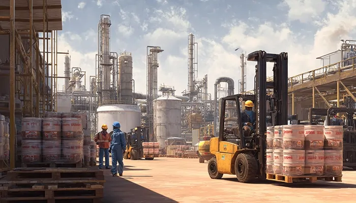 «جابجایی بشکه‌های روغن صنعتی با لیفتراک در محوطه پالایشگاه بوشهر»