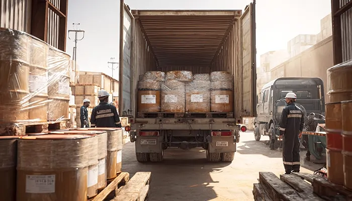 «بارگیری بشکه‌های روغن صنعتی در کانتینر برای ارسال به صنایع بوشهر»