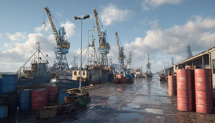 اسکله بوشهر با بشکه‌های روغن صنعتی در بوشهر برای صادرات و تأمین صنایع دریایی