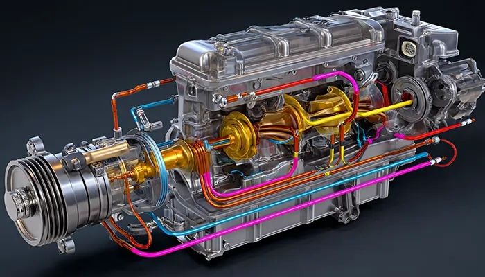 نمای برش‌خورده موتور دیزلی با مسیر جریان روغن صنعتی برای روانکاری و خنک‌کاری قطعات داخلی