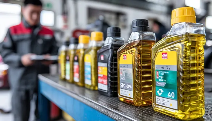 انواع بطری‌های روغن صنعتی و روانکار خودرو در کارگاه تعمیرات با کیفیت‌های مختلف