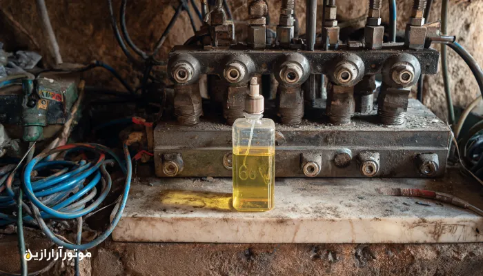 نمای نزدیک هیدرولیک دستگاه برش سنگ با نمونه‌گیری روغن AW68 در ایذه