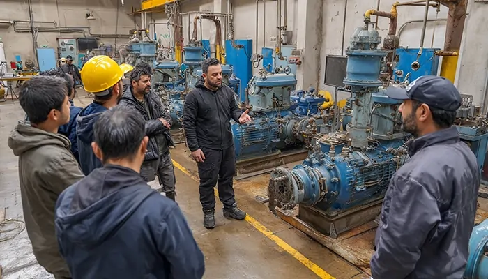 جلسه آموزشی کارکنان کنار پمپ‌های صنعتی برای روغن‌کاری تجهیزات | خرید روغن صنعتی اصفهان