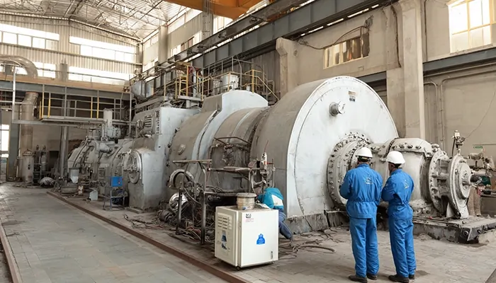 کارگران در حال بازبینی توربین بخار بزرگ در کارخانه | بهترین روغن صنعتی اصفهان