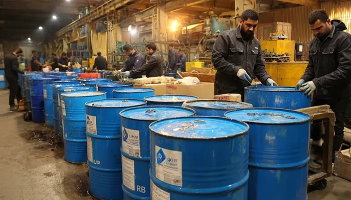 کارگران در حال کار روی بشکه‌های روغن صنعتی آبی رنگ | پخش عمده روغن صنعتی اصفهان
