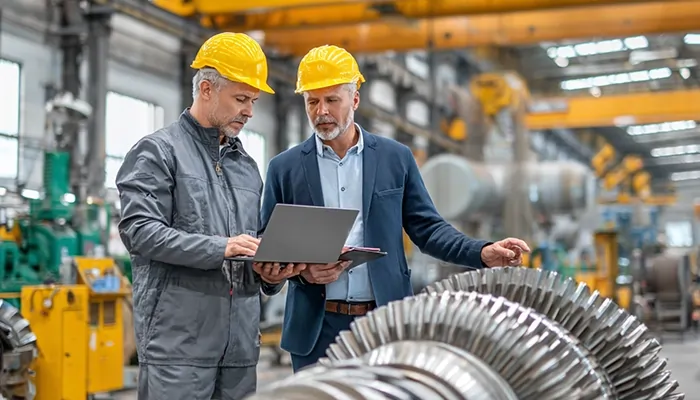 دو مهندس با کلاه ایمنی در حال بررسی تجهیزات توربین کارخانه | فروش روغن صنعتی در اصفهان