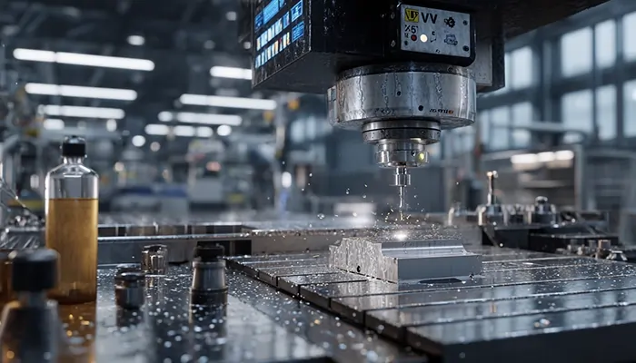 ماشین CNC در حال برش فلز با استفاده از روغن صنعتی برای روانکاری و خنک‌کاری قطعات